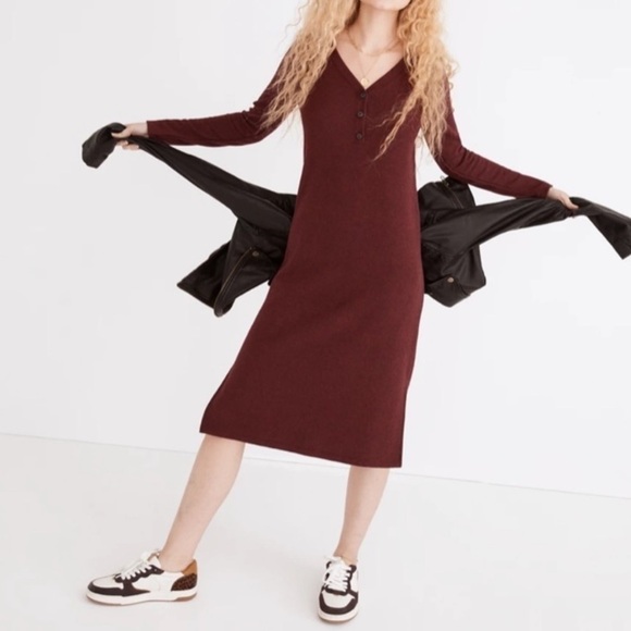NWT Madewell Long Sleeve Henley Midi Dress Small Heather Rusted Red - Picture 9 of 9